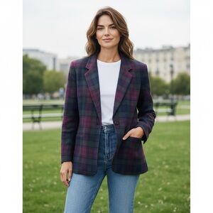 Vintage Dumas Wool Plaid Blazer Burgundy Green Tartan Jacket large Academia